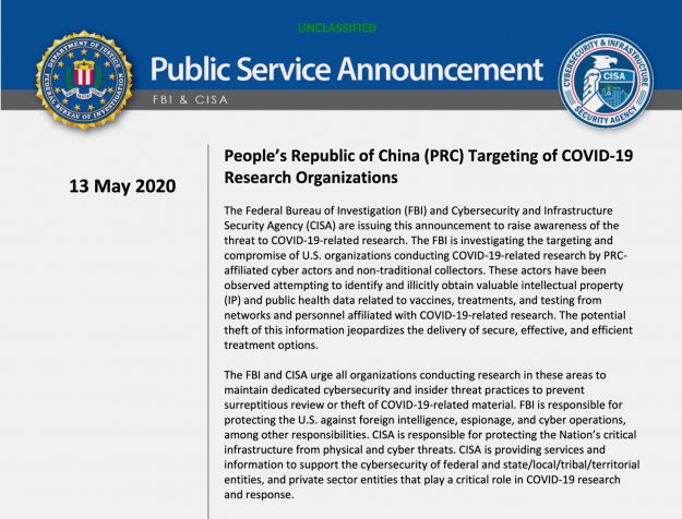 FBI podejrzewa Chiny o szpiegostwo w związku z Covid-19