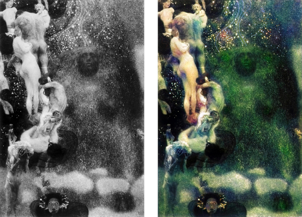 Czarno-biała fotografia (po lewej) obrazu „Filozofia” Gustawa Klimta, zniszczonego w 1945 r. Po prawej rekonstrukcja dzieła malarza z udziałem sztucznej inteligencji