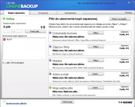 Interfejs aplikacji klienckiej usługi F-Secure Online Backup