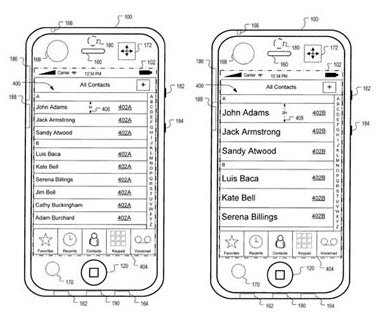 Ilustracje z wniosku patentowego Apple'a, prezentujące funkcję dynamicznej adaptacji wyglądu interfejsu.