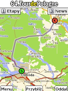 Fragment trasy odcinka Ostróda-Gdańsk pokazany w telefonie komórkowym, w aplikacji Targeo.mobi