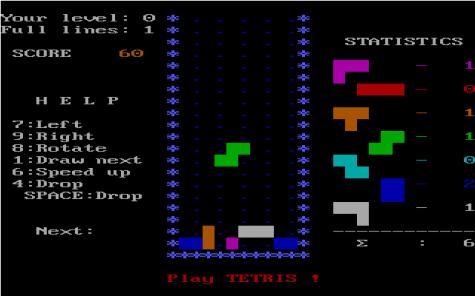 Ekran z wersji gry Tetris na IBM PC z 1986 roku.