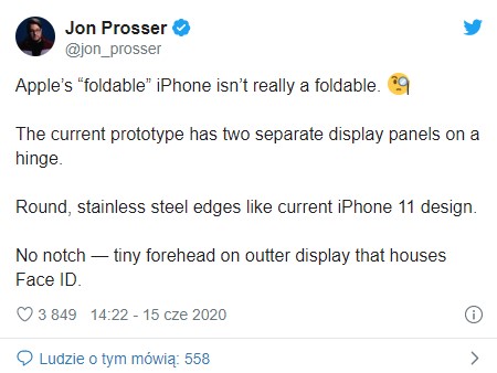 Wpis Prossnera na Twitterze odnośnie składaka Apple'a