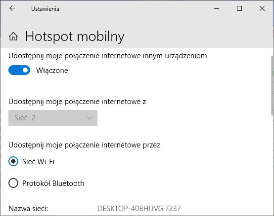 Windows 10 - konfiguracja - Hotspot mobilny