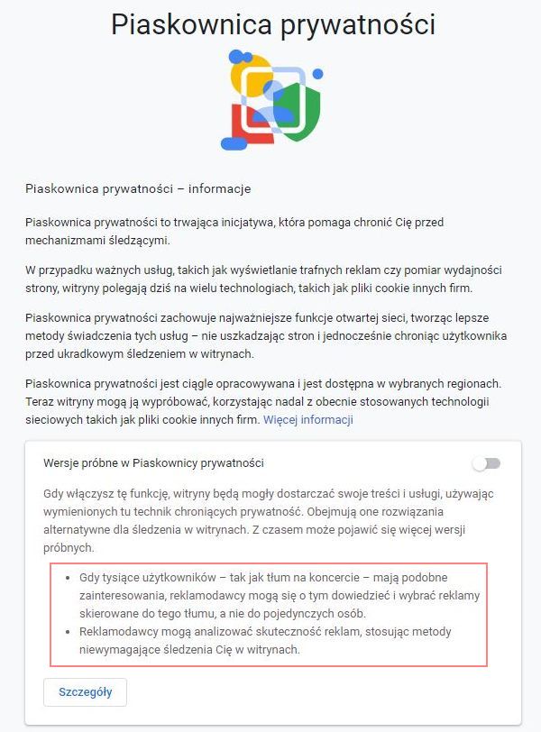 Google Chrome - Piaskownica prywatności