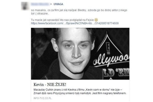 Śmierć Macaulay'a Culkina – kolejny przekręt na Facebooku