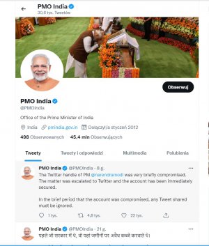 Konto premiera Indii na Twitterze zostało „na krótko skompromitowane